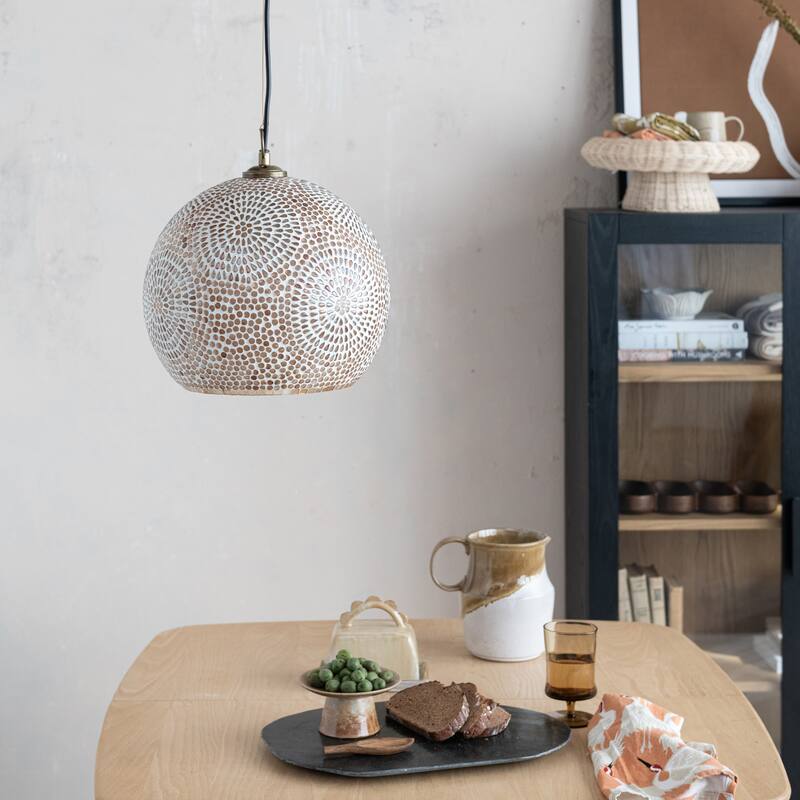 Glass Mosaic Pendant Lamp, 6' Cord, Antique Gold Finish and White - 12.0"L x 12.0"W x 12.5"H