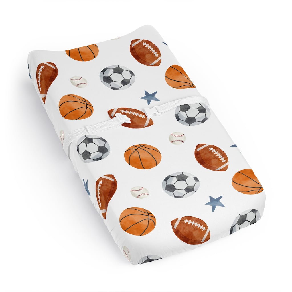 Sweet Jojo Designs Sports Theme Boy Changing Pad Cover Sheet -Vintage Sport Themed, Soccer Balls, Football, Baseball, Basketball