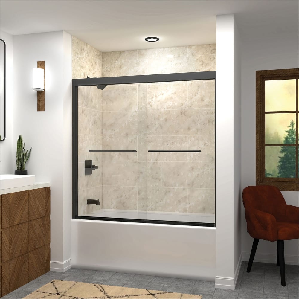 Frederick 59 in. W x 58 in. H Sliding Semi-Frameless Shower Door in Brushed Nickel with Clear Glass - 60 x 58 - 60 x 58