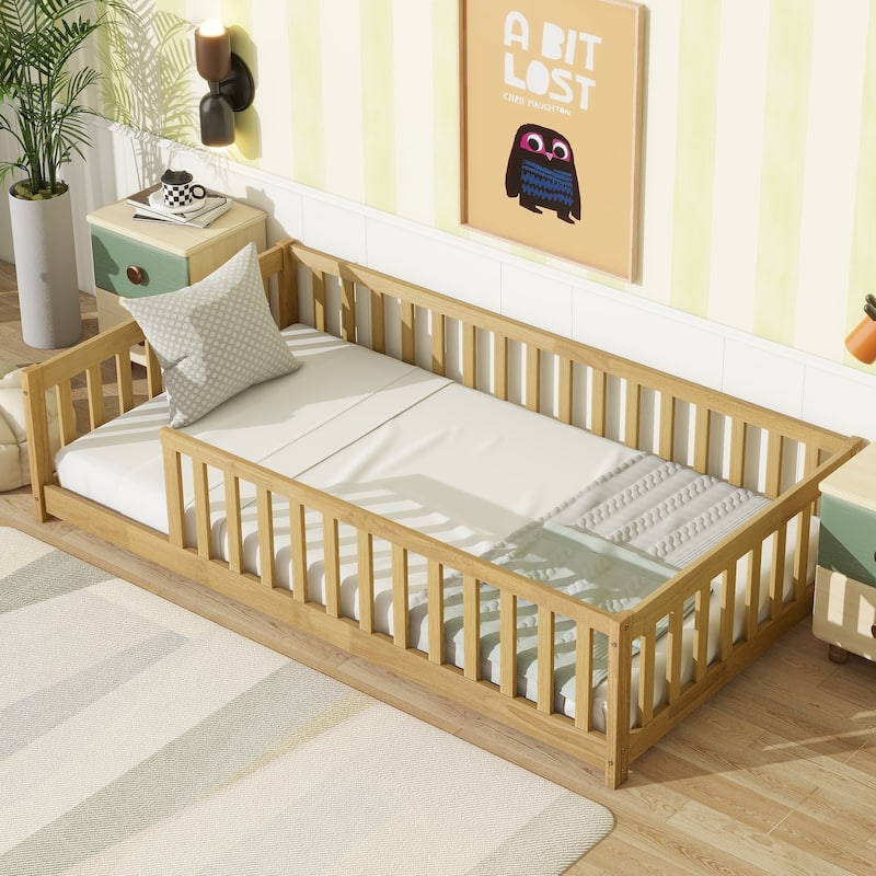 Twin Size Natural Rubber Wood Floor Bed with Safety Fence, Eco-Friendly and Easy Assembly