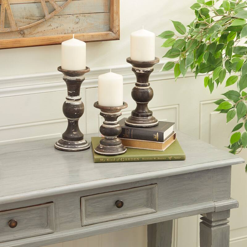 Wood Country Cottage Candle Holder (Set of 3) - 6", 8", 10"H - Brown/White