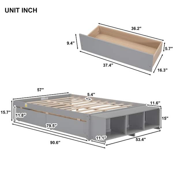 dimension image slide 1 of 2, Full Size Platform Bed with Bed-end Storage Case & 2 Storage Drawers, Wooden Storage Bed Frame for Children Teens Adults Bedroom