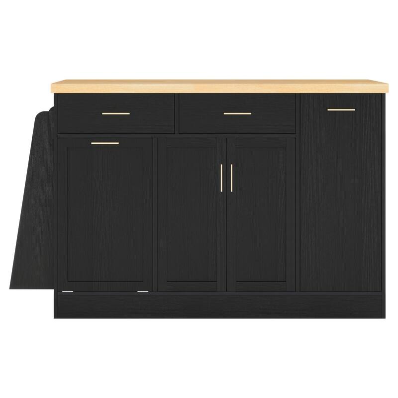 Two-Tone Design Sideboard Buffet Storage Cabinet Kitchen Island Table with Hidden Trash Cabinet & 3-Tier Spice Rack