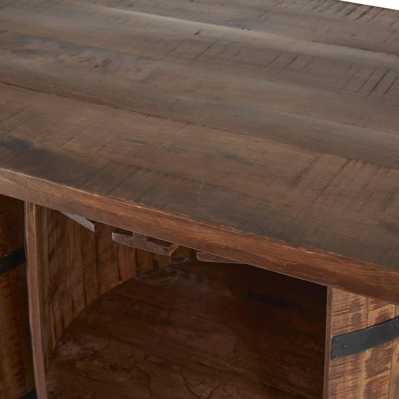 Mango Wood Barrels Bar with Live Edge Tabletop and Black Metal Support - Brown - Roche River Decor