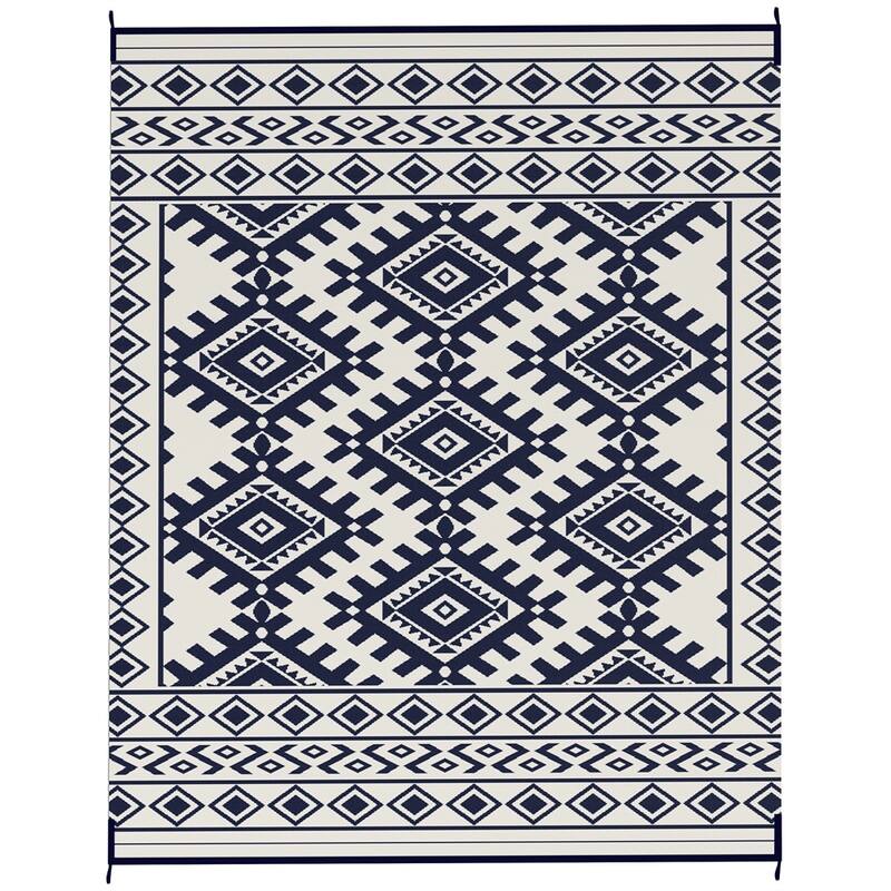 Reversible Outdoor Rug Rhombus Border UV Protected Foldable Camping RV Patio Picnic Mat - 215.7" L x 107.9" W - Blue and White