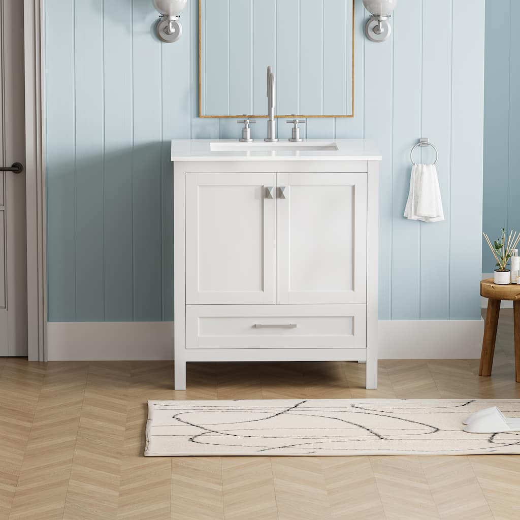 30" Bathroom Vanity with Sink Combo, Fully Assembled Bathroom Sink Cabinet with Marble Countertop, White