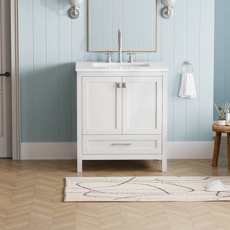 GDFStudio - Harrison 30" Bathroom Vanity with Marble Countertop & Storage Cabinet - White
