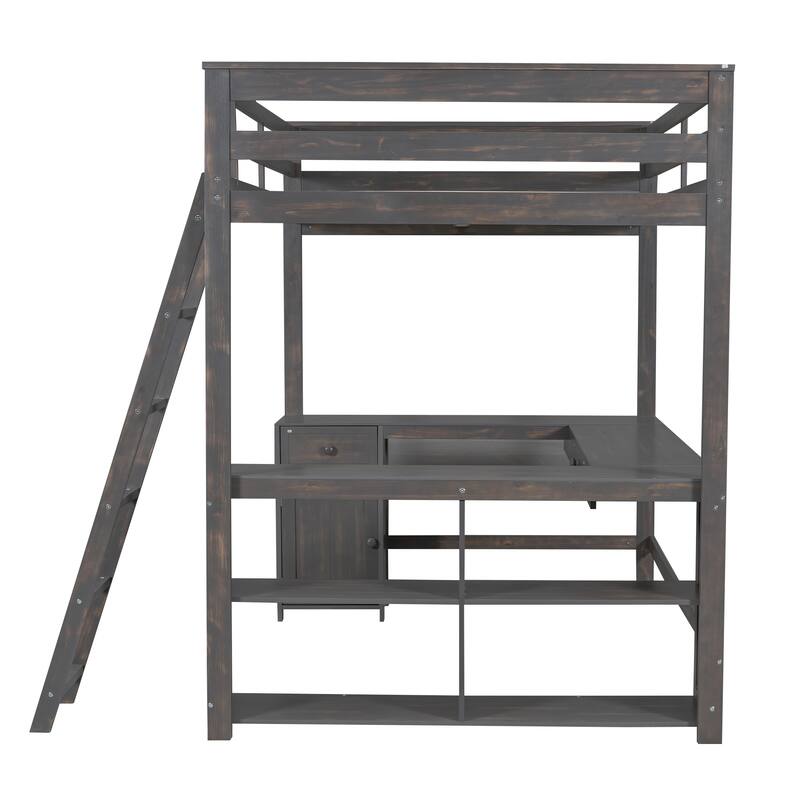 Full Size Wooden Loft Bed with U-shaped Desk, Drawers and Storage Shelves