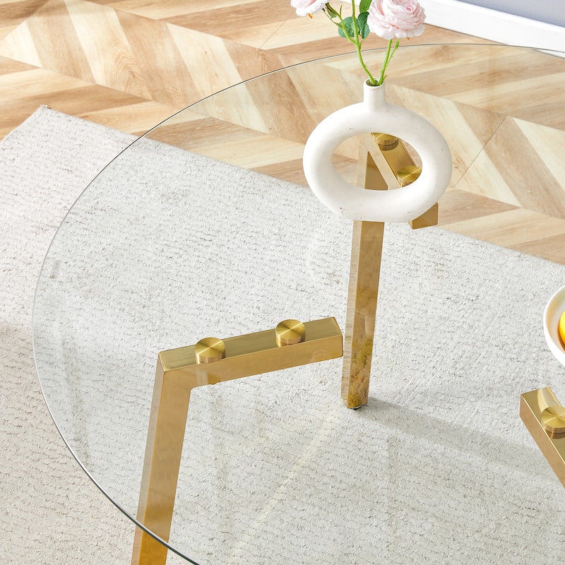Roomfitters Round Glass Dining Table with Gold 7-Shaped Metal Legs for Dining, Office or Coffee Space, Gold