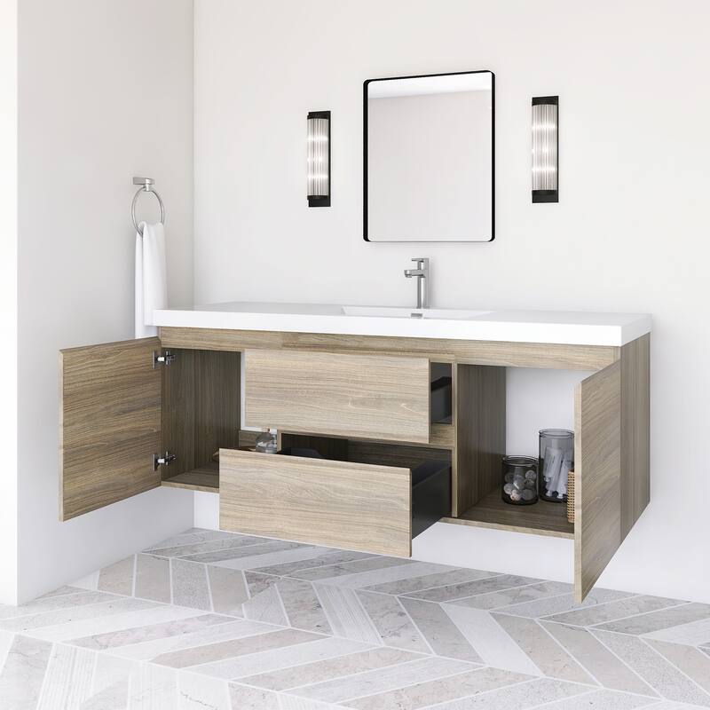 Modern Wall-Mounted Bathroom Vanity with White Solid Surface Top