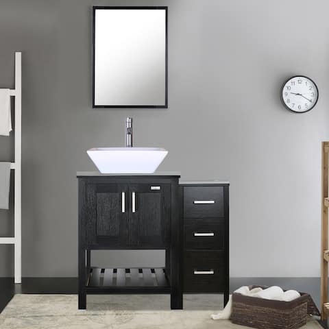 36" Bathroom Vanity Set Tempered Glass Ceramics Vessel Sink With Side Cabinet Combo