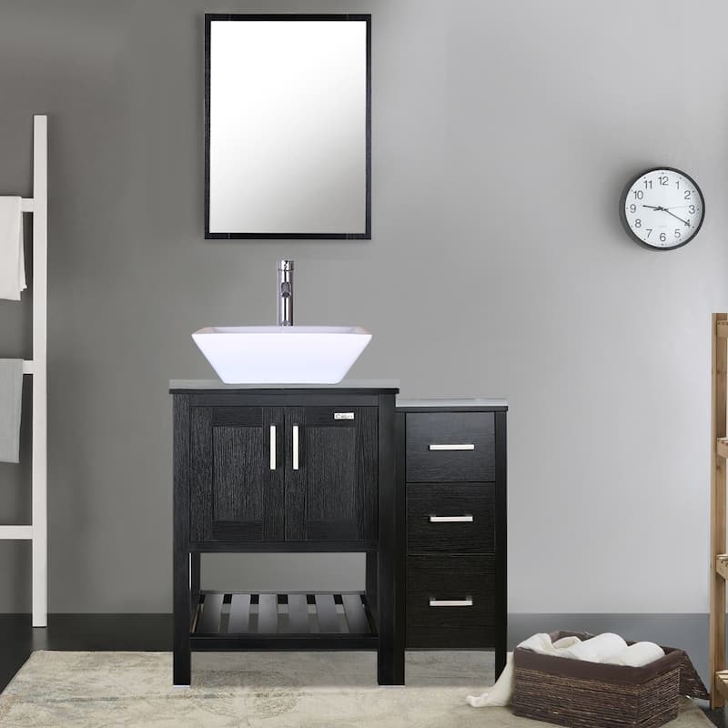 36" Bathroom Vanity Set Tempered Glass Ceramics Vessel Sink With Side Cabinet Combo - white ceramic square sink - Black
