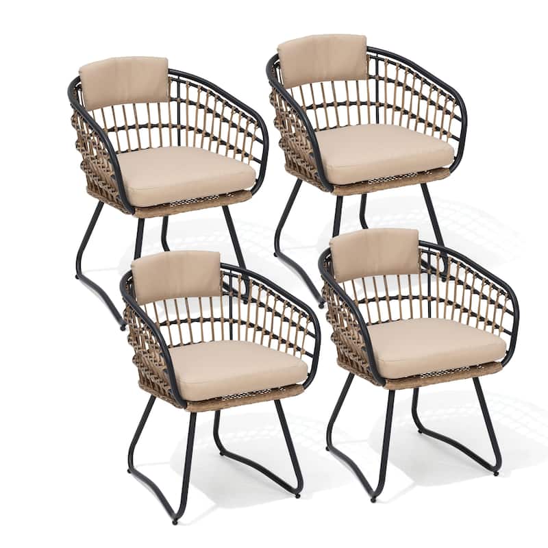 Outdoor Wicker Chairs Patio Dining Chairs Cushioned PE Rattan Seating Set - Beige, 4PCS