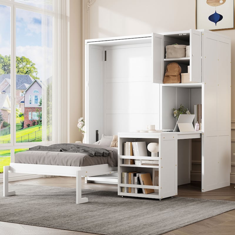 Rotating Twin Size Murphy Bed with Bookshelf, Desk, and Storage in White
