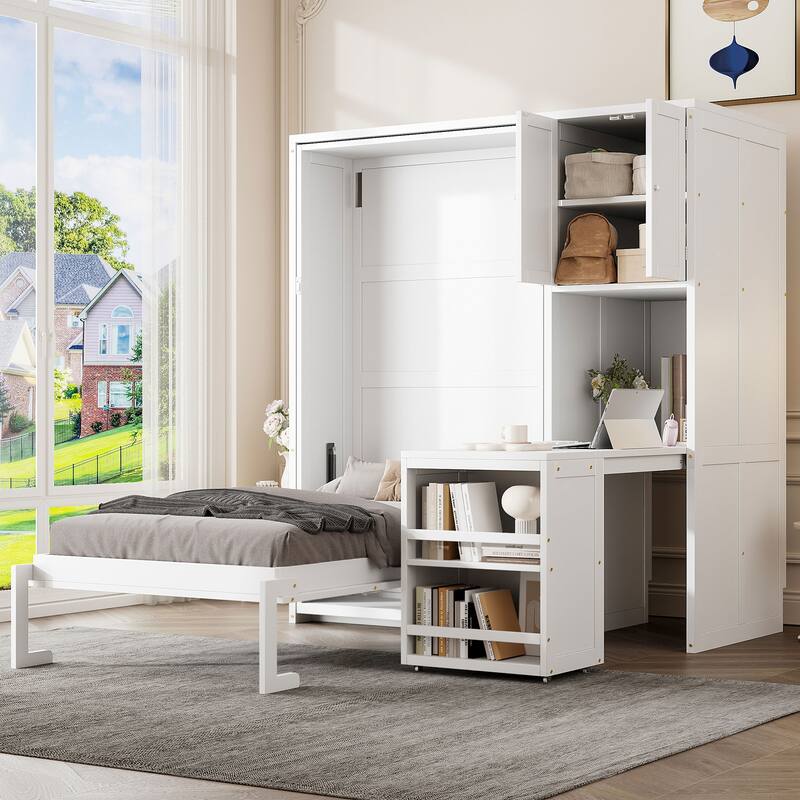 Twin Size Rotating Murphy Wall Bed with Bookshelf, Top Cabinet, Modern Foldable Cabinet Bed with Extendable Desk, Side Storage