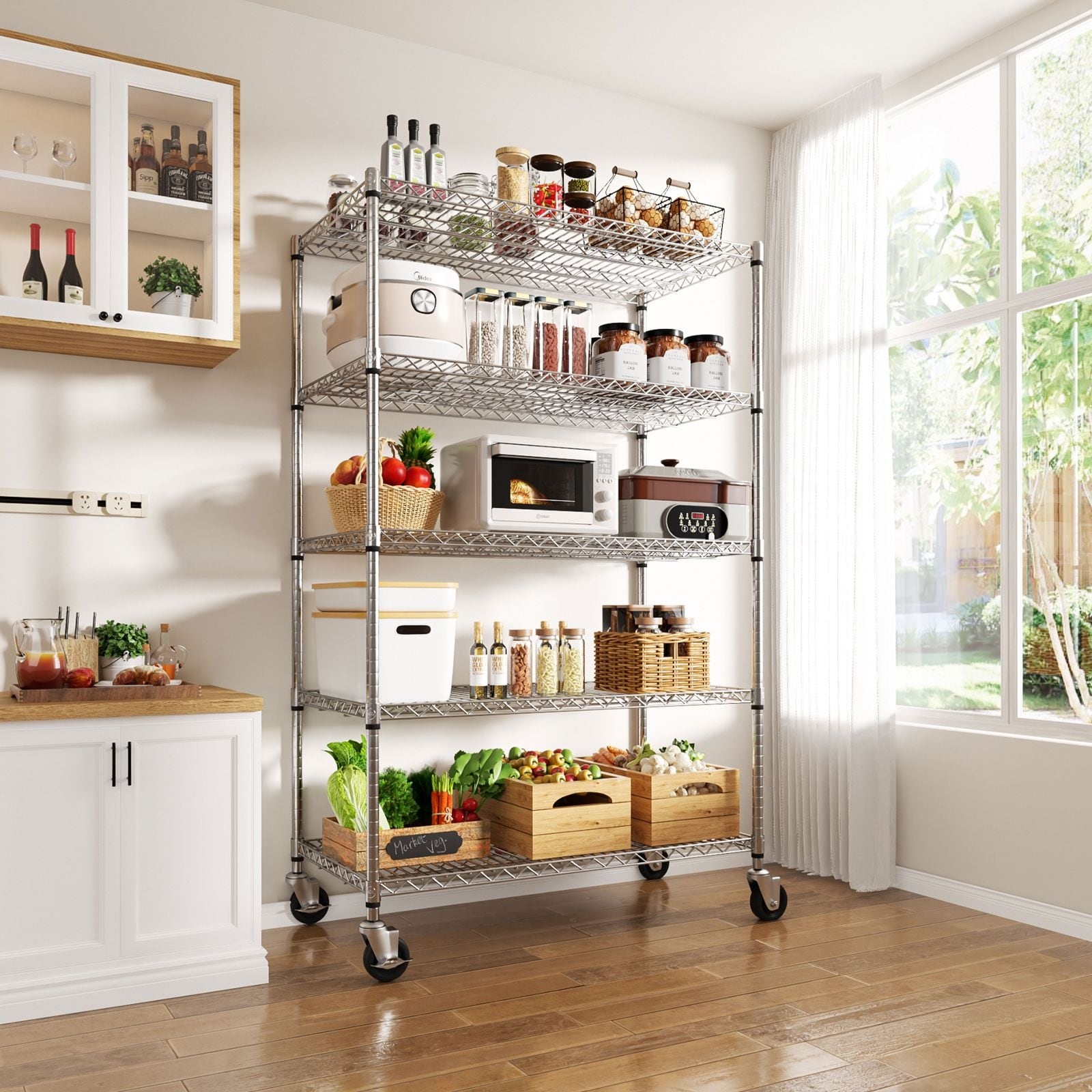 VEIKOUS 5-Tier Adjustable Kitchen Storage Shelves with Wheels and Anti-Tip Kit
