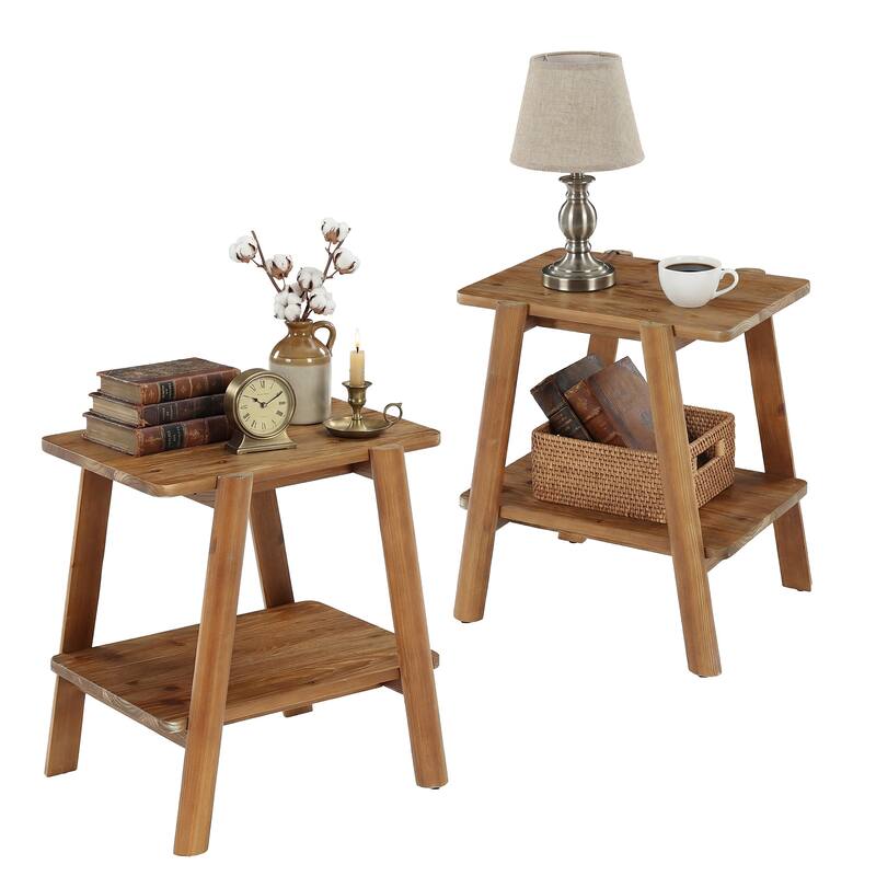 Solid Wood End Tables for Living Room, Farmhouse 2-tier Side Table - 17.72" D x 21.65" W x 23.62" H - Rustic Brown-2 PCS