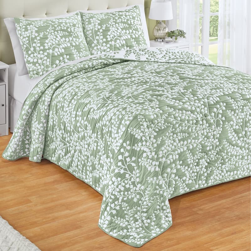 Jacquard Textured Leaf Design Reversible Bedspread - Sage - Full
