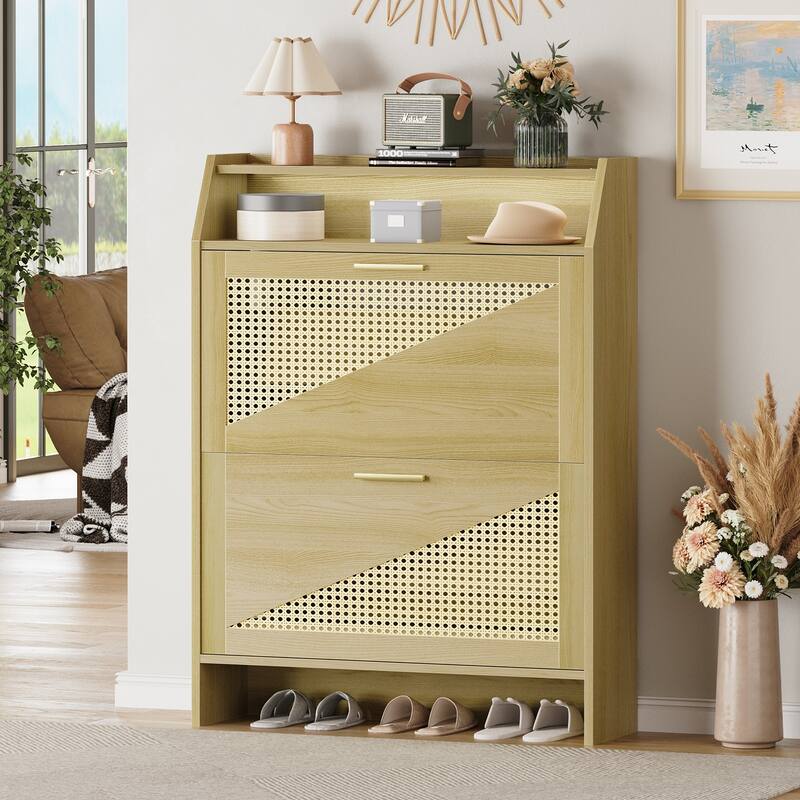 Rossetta Boho Chic 5-Flip Drawers Wooden Narrow Shoe Rack Organizer Cabinet with Visual Top Shelf - Wood