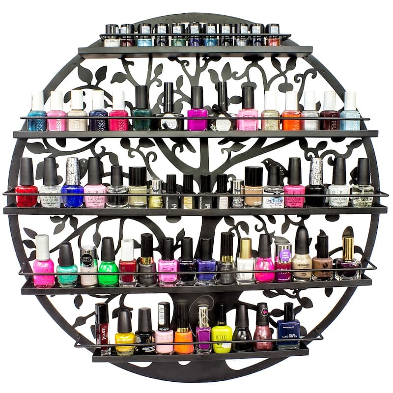 Sorbus Wall Mounted 5 Tier Nail Polish Rack Holder, Tree Silhouette Black Round Metal Salon Wall Art Display