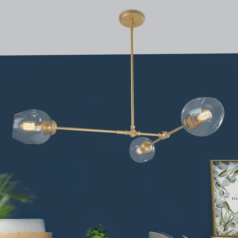 Mid-Century Modern 3-Light Gold Chandelier Hanging Ceiling Pendant Lights for Dining Room - 31.5"W x 29.5"H