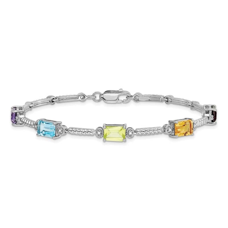 Curata 925 Sterling Silver 7.5" 5mm Emerald-cut Multi Gemstone and Diamond Cable Bracelet