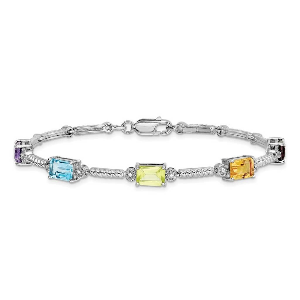 Curata 925 Sterling Silver 7.5" 5mm Emerald-cut Multi Gemstone and Diamond Cable Bracelet