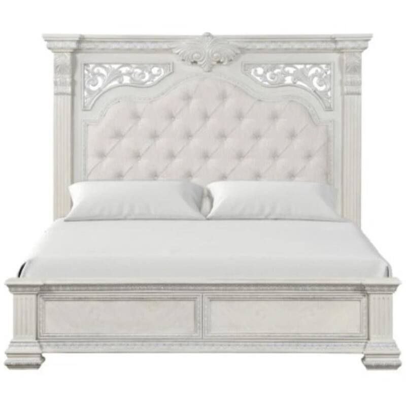 Miamy Queen Bed, Creamy White Wood, Panel Design, Silver Brushed Accents