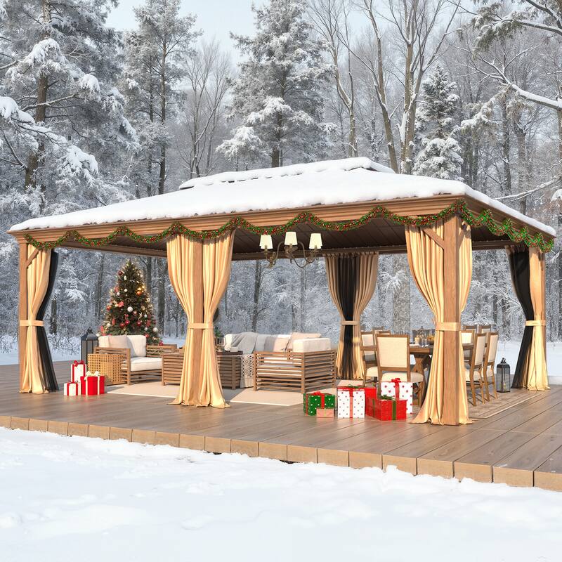 Outdoor Hardtop Gazebo, Wooden Finish Coated Aluminum Frame w Galvanized Steel Double Roof with Premium Curtains and Netting - 14' x 20' - Wood