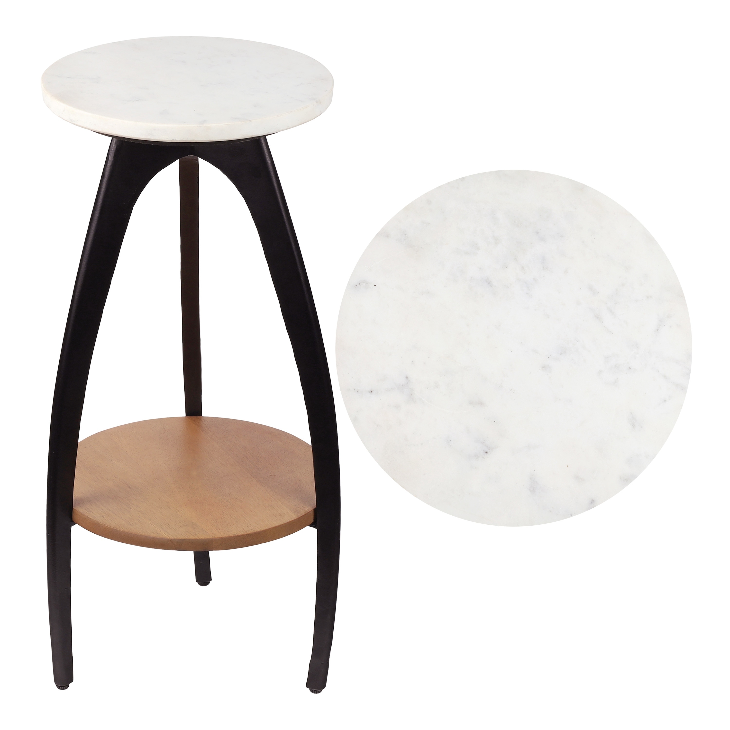 Ollie Modern 2-Tier Round Drink Table, Faux Marble Top, Wood Shelf Metal Arch Legs, Accent End Table