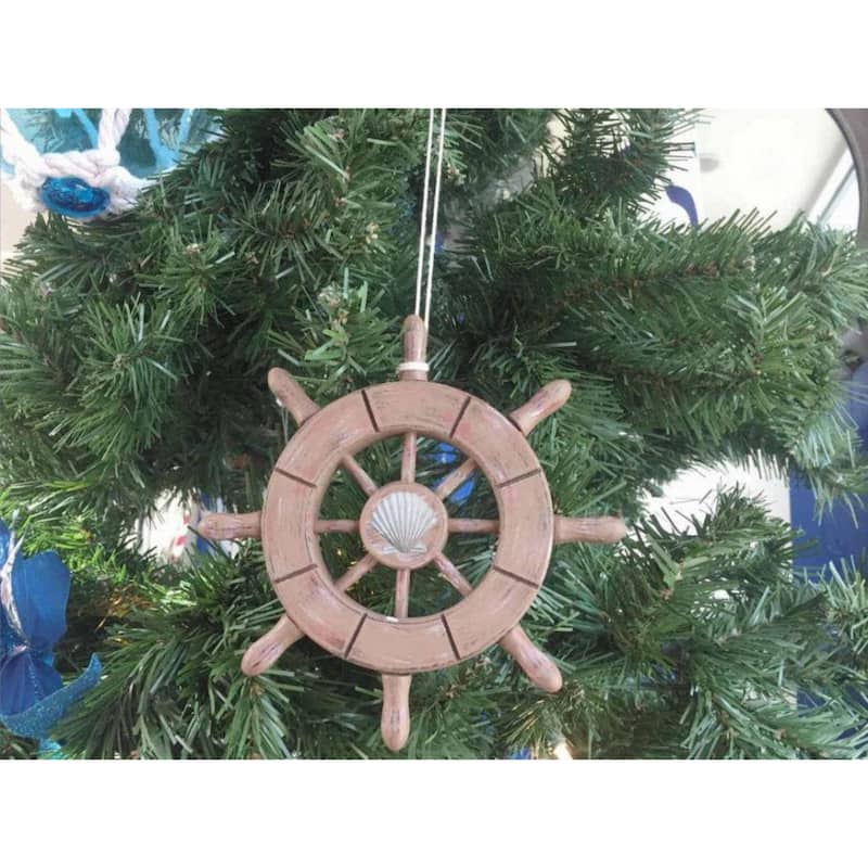 6" Brown Decorative Ship Wheel with Seashell and Rustic Wood Finish for Decorative Ornament - 6" L x .5" W x 6" H