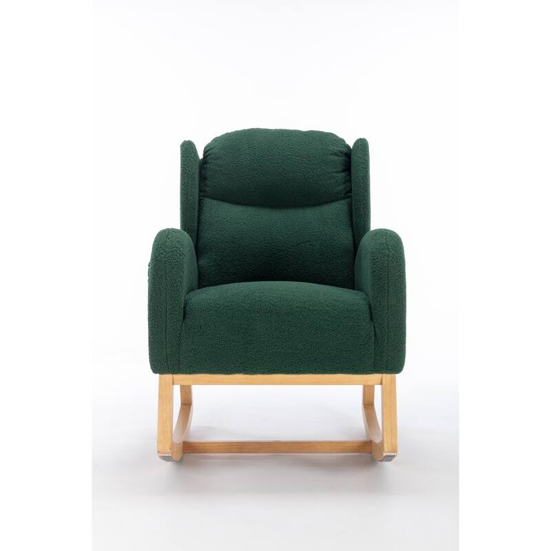 Comfortable Teddy Fabric Rocking Chair with Spacious Seat and Sturdy Wooden Legs, Ideal for Relaxing and Decorating Your Home.