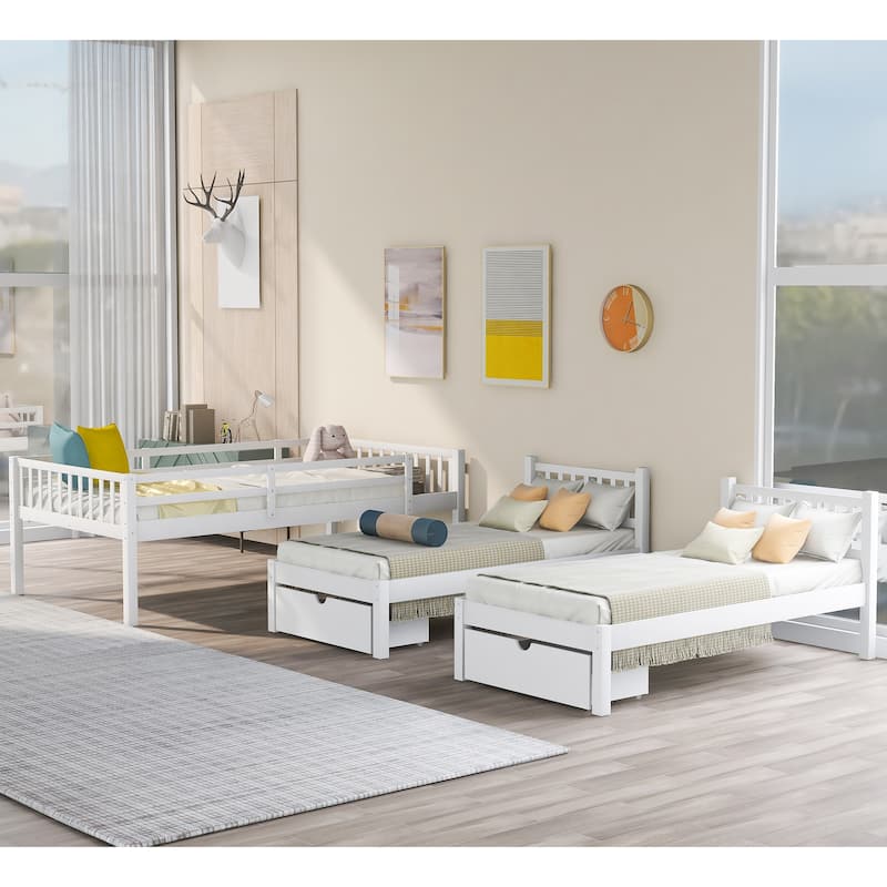 Detachable Triple Bunk Bed Convertible 3 Platform Beds, Wood Full Over Twin & Twin Bunk Bed Frame with Drawers and Guardrails