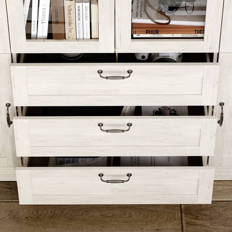 Bookcase Cabinet with Glass Doors and Drawers Multi-Purpose Storage Display Hutch for Living Room or Dining Room