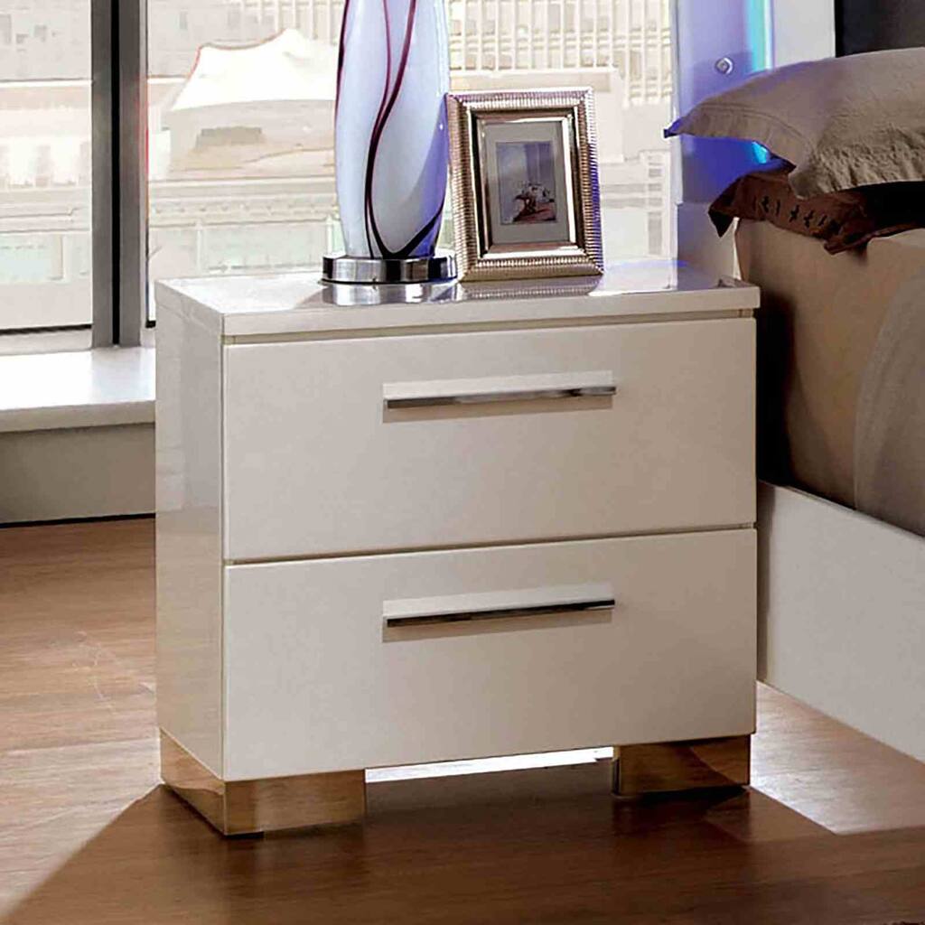 Contemporary Nightstand - Glossy White Finish, Lacquer Coating & Chrome Accents