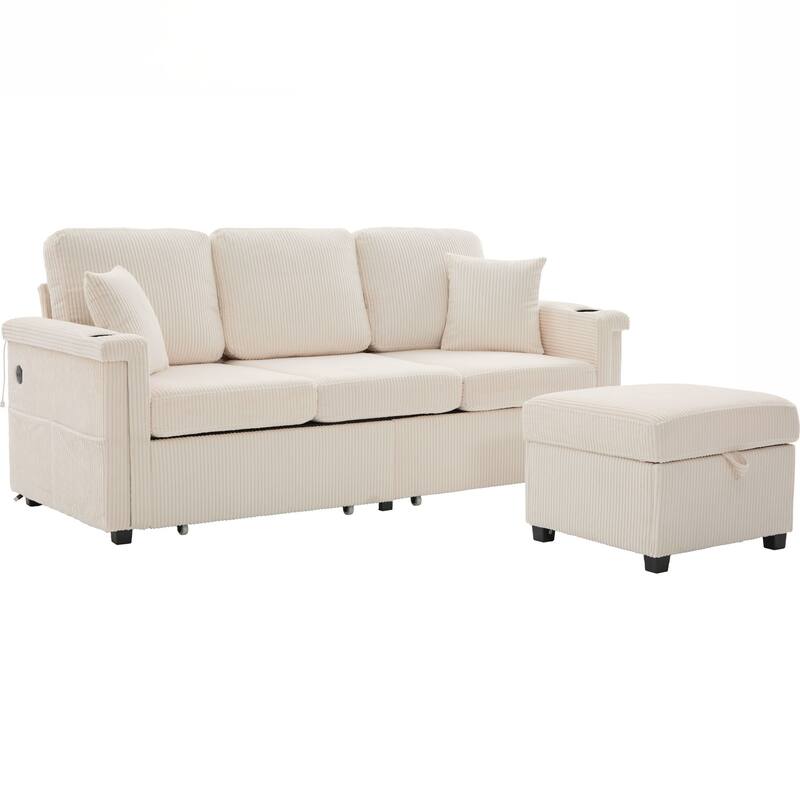 L-Shaped Sectional Sofa with Pull-Out Storage,Ottoman & Pillows 3-Seat with USB Charging,Cup Holder, Convertible Design