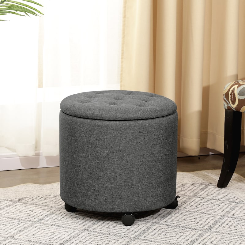 Adeco 17" Faux Leather Round Storage Ottoman with Tufted