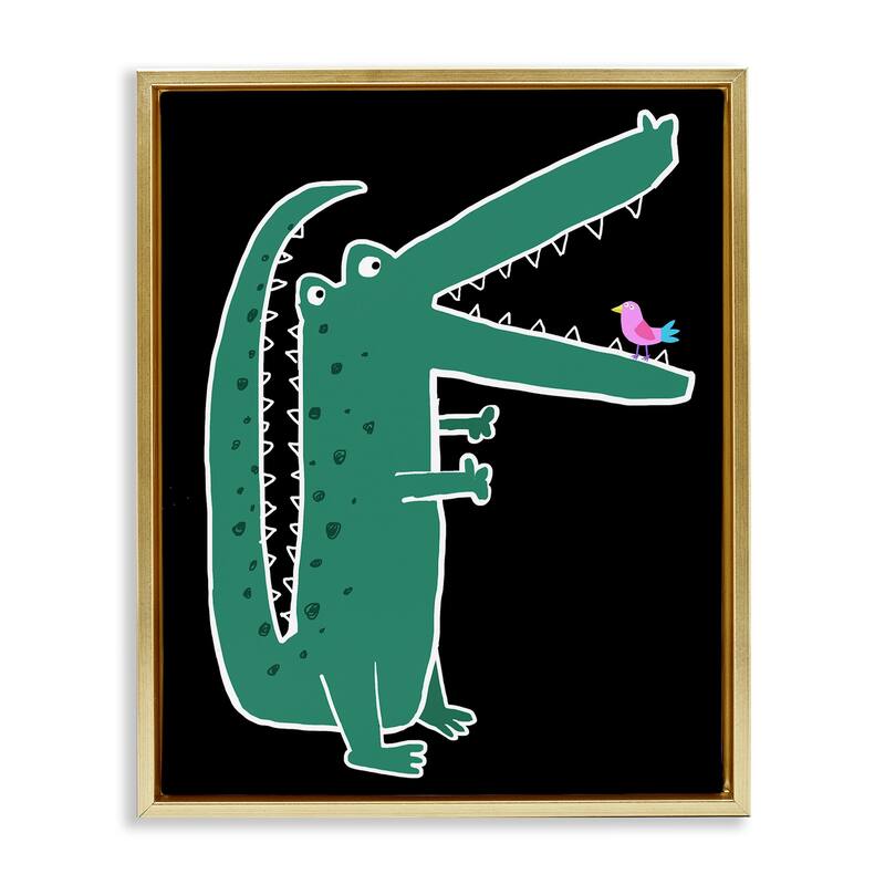 Stupell Alligator & Bird on Black Framed Floater Canvas Wall Art Design By Carla Daly - 25 x 31 - Gold