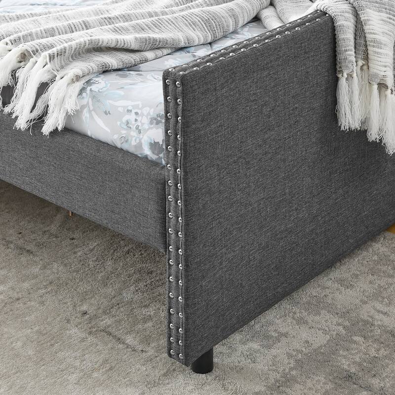 Tufted Button Daybed with 2 Storage Drawers/Upholstered Sofa Bed Frame w/Copper Nail on Waved Shape Armrests/No Spring Box Need