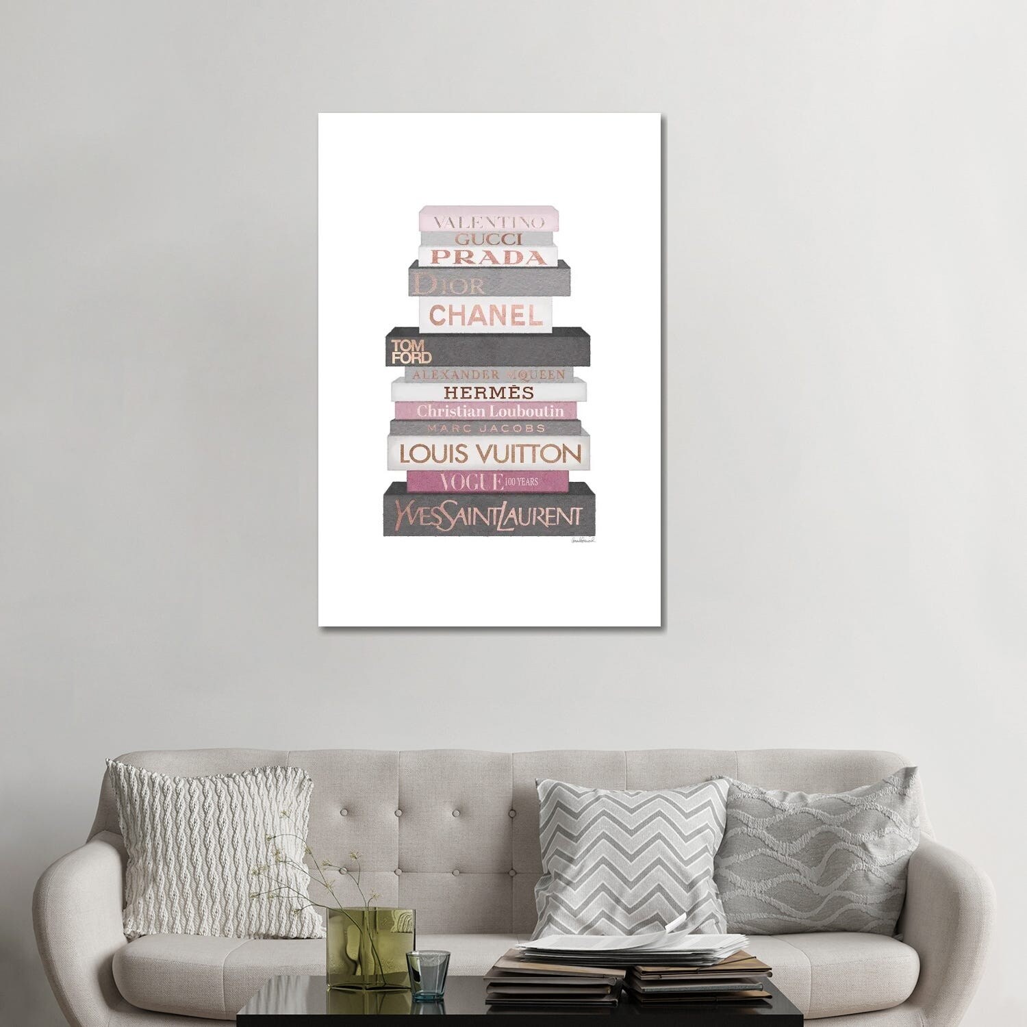 Tall Grey & Pink Fashion Books Throw Pillow By Amanda Greenwood