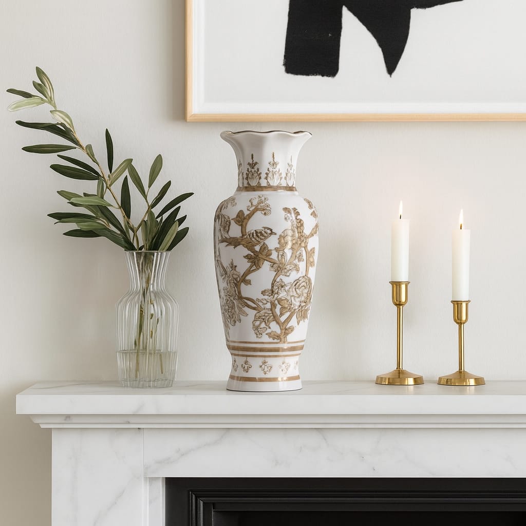 Decorative Bird and Vines Chinoiserie Vase - White & Brown, 13"