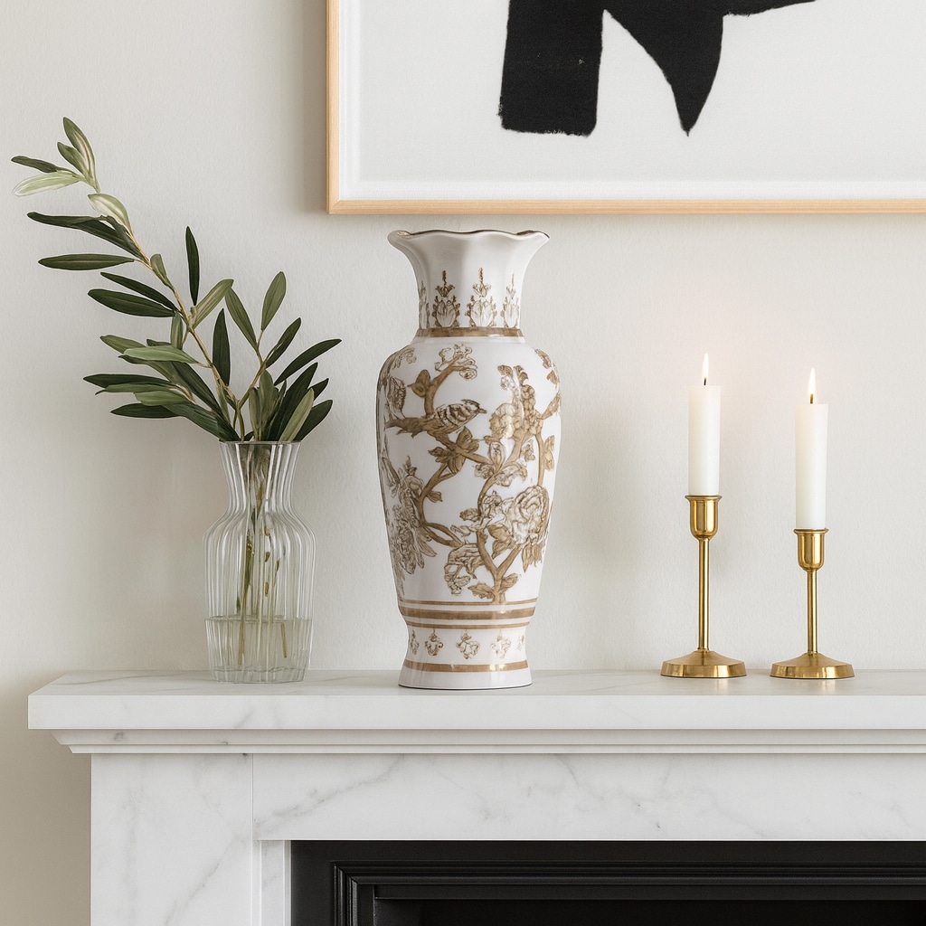 Decorative Bird and Vines Chinoiserie Vase - White & Brown, 13"