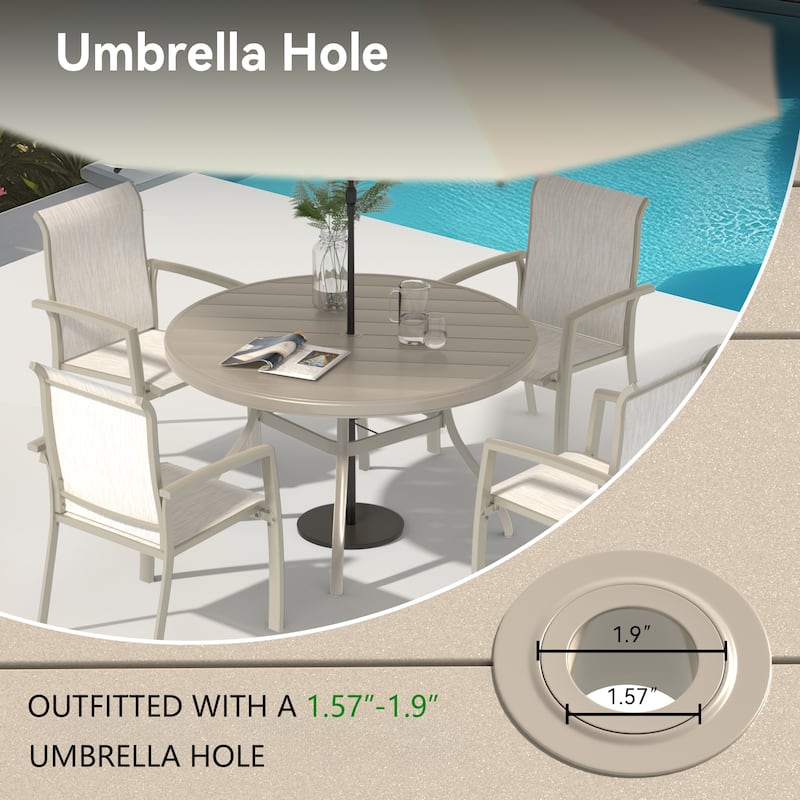 Outdoor Round Patio Dining Table for 6-7, All Weather Metal Dining Table with Umbrella Hole for Deck Lawn Garden Backyard