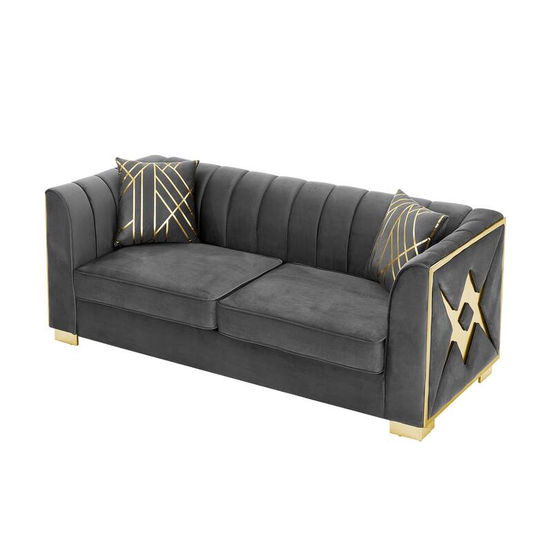 Velvet Chesterfield 3 Seater Sofa, Button Tufted Upholstered Sofa, Lounge Sofa with Stainless Steel Accents & Metal Legs