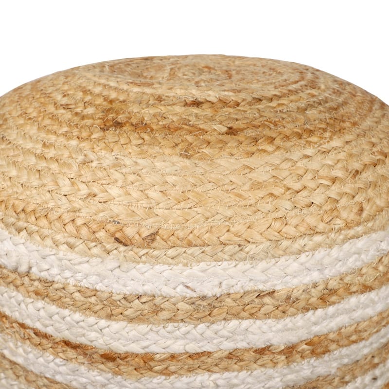 HomeRoots 18" Natural And White Jute Blend Cylinder Striped Pouf Ottoman