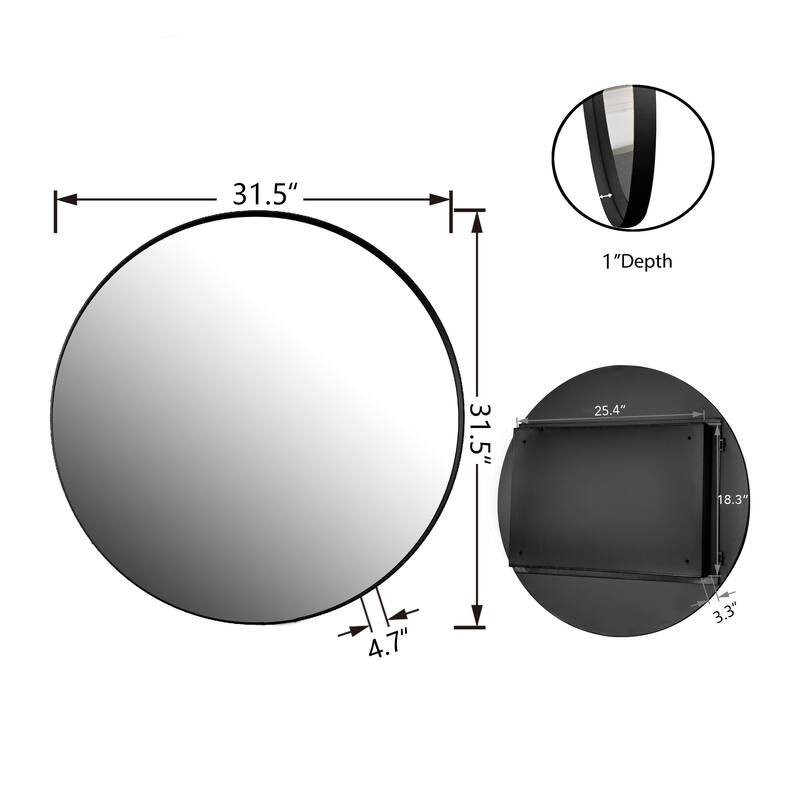 31.5 Inch Surface Mount Round Metal Framed Medicine Cabinet with Mirror and Adjustable Shelves Black Wall Mirror with Storage