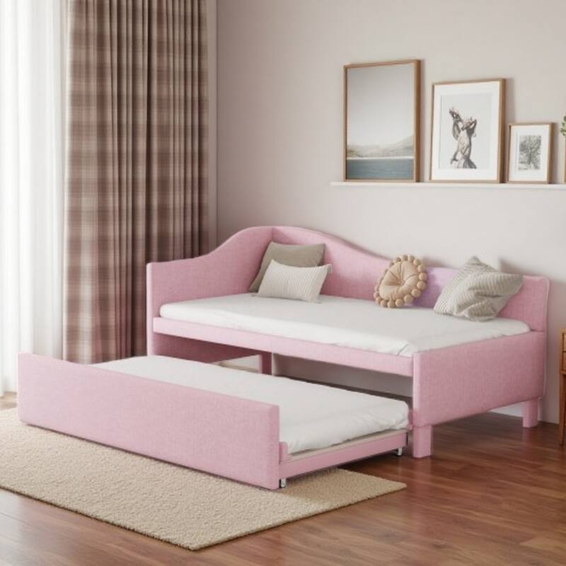 Twin Size L-Shaped Upholstered Daybed with Pull-Out Trundle, Linen Fabric, Convertible to Irregular King - Pink