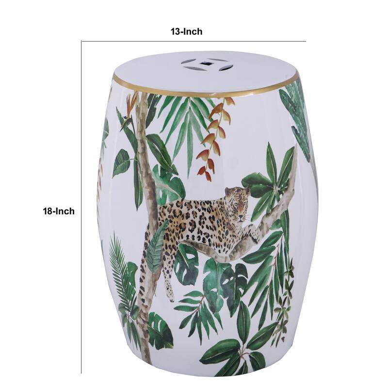 18 Inch Ceramic Accent Table, Drum Shape, Tropical Print, White, Green