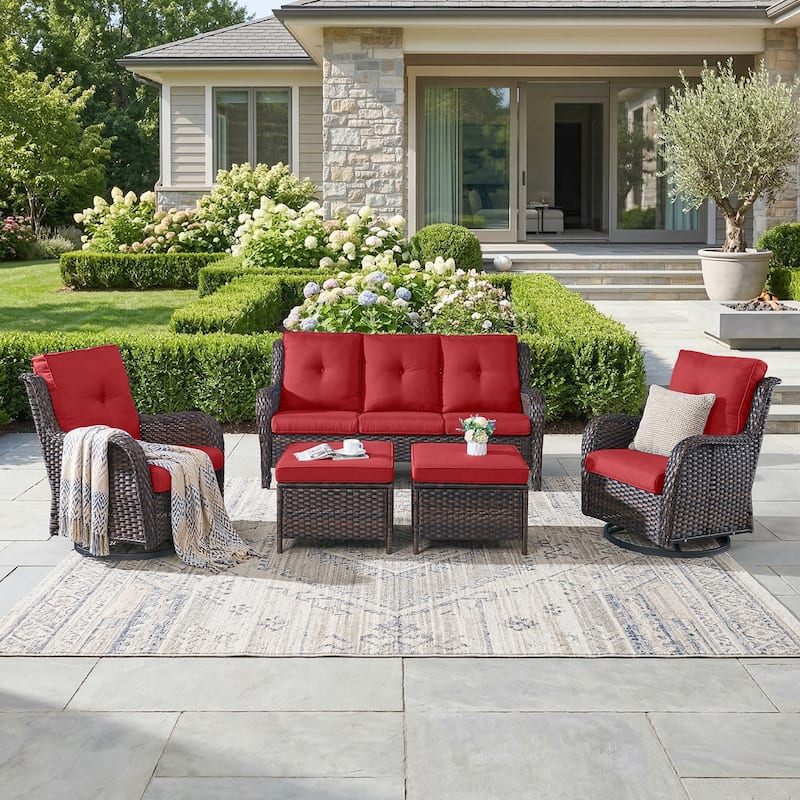 Pocassy Outdoor Patio Wciker Sofa Furniture Set of Chair Table. - Brown Wicker with Red Cushion - 5-Piece Patio Sofa Swivel Chair w/ Ottomam