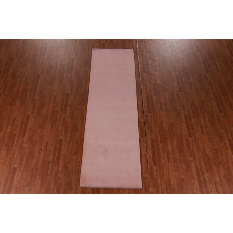 Hand Knotted Oriental 100% Wool Carpet Modern Solid Pink Gabbeh Runner Rug - 10' 1'' X 3' 1''